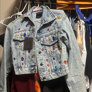 Embellished Light Wash Jean Jacket with Multicolor Gems